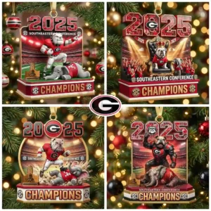Four Georgia Bulldogs ornaments depict the team mascot in different victory scenes marking the twenty twenty five Southeastern Conference championship!