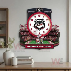 Georgia Bulldogs stadium style wall clock with mascot crowd scene and bold red black design!