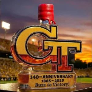 GT shaped Georgia Tech bottle with red wax seal and anniversary plaque at sunset stadium.