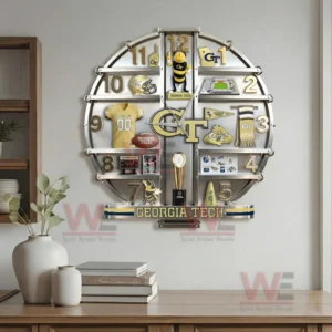 Georgia Tech Yellow Jackets home decorative wall clock showcased in a modern living area with neutral tones and organized styling!