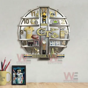 Georgia Tech Yellow Jackets decorative wall clock presented as a premium collegiate sports decor centerpiece for fans and collectors!