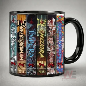 Black mug featuring colorful vertical album style graphics photographed on a clean studio surface!