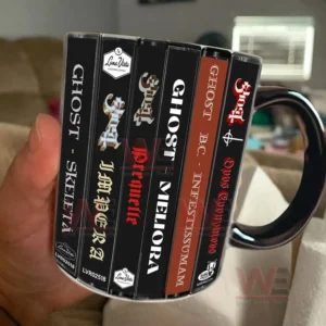 Ceramic coffee mug with a full wrap design that looks like stacked retro music tapes in black and red colors!