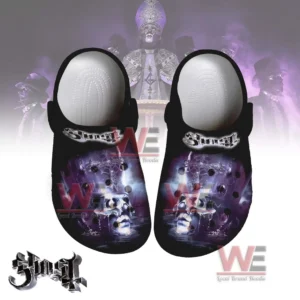Dark purple skull art clogs with dramatic mystical background and bold visual style.