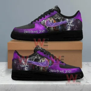 Ghost inspired purple and black sneakers with skull artwork and tour themed text displayed on a box!
