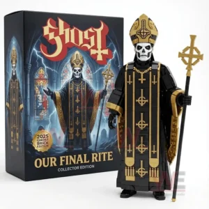 Brick built skeletal priest figure in black and gold robes holding a staff displayed next to a gothic themed collector edition box!