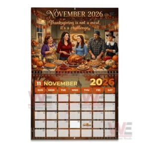 A detailed view of a Thanksgiving celebration with people smiling around a table full of traditional holiday dishes and autumn themed decor.