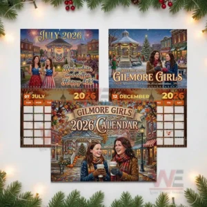 Gilmore Girls 2026 Wall Calendar 7 A grouped display of several calendar illustrations showing summer and winter scenes along with the main cover featuring the characters in a festive small town environment.