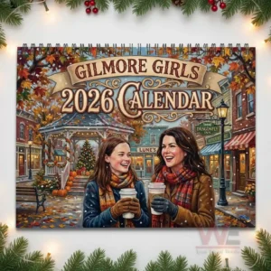 Gilmore Girls 2026 Wall Calendar 8 An autumn themed cover illustration showing two women enjoying hot drinks in a decorated town square with colorful leaves and warm seasonal lighting.