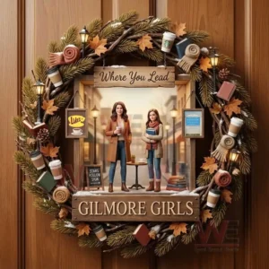 Decorative holiday wreath with two women figures coffee cups books pine branches autumn leaves and a small town background creating a warm cozy seasonal display!