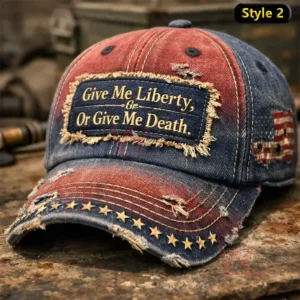 Red and blue distressed denim cap with frayed Give Me Liberty Or Give Me Death patch American flag side patch and gold stars on the brim.