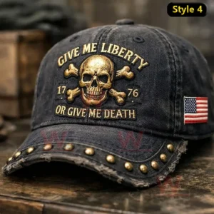 Black distressed cap with skull and crossbones embroidery Give Me Liberty Or Give Me Death text 1776 details American flag side patch and metal studs on the brim.