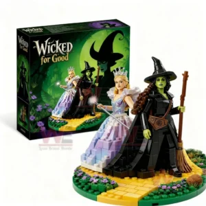 Building block display of two fantasy characters on a yellow brick road base with a Wicked for Good themed box behind them.