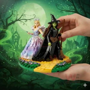 Hands holding a building block display of two fantasy characters on a yellow brick road base with a green enchanted moonlit background.