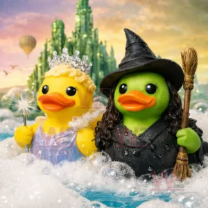 Yellow princess rubber duck with crown and wand beside a green witch rubber duck with hat and broom in bubbly water with a green fantasy city in the background.