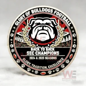 A coin displaying a bulldog emblem and championship text on a decorative background!