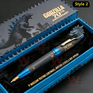 Godzilla 70th Anniversary Collector Pen 4 Godzilla collector pen with monster head clip displayed in a blue presentation box with detailed artwork!