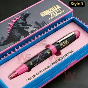 Godzilla 70th Anniversary Collector Pen 5 Pink and black Godzilla themed collector pen displayed in a matching presentation box with monster illustration!