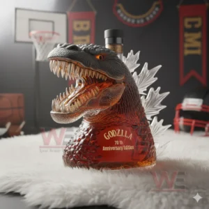 Godzilla Jack Daniel Whiskey Bottle 3 A sculpted creature bottle with a wide open mouth and textured body shown on a white rug surrounded by sports decor.