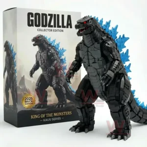 Brick built Godzilla figure with blue spines red eyes and strong posture displayed next to themed collector box on a clean background!