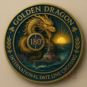 A round coin depicting a golden dragon encircling the 180 mark with an ocean ship and sunrise in the background!