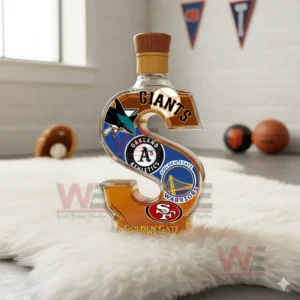 An S shaped glass bottle marked with team logos stands on a white rug with sports items in the room!