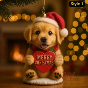 A golden puppy ornament holding a red Christmas heart wearing a Santa hat and scarf in a festive room!
