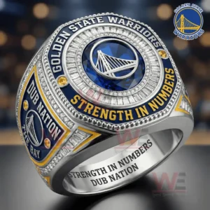 Close up view of a Golden State Warriors basketball championship ring with a bold blue center and refined craftsmanship!