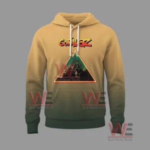Front view of a beige music themed hoodie with a mountain graphic and band logo!