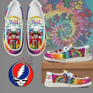 Collage showing rainbow tie dye canvas shoes with dancing bear prints plus a skull lightning bolt emblem and a psychedelic bear swirl background.