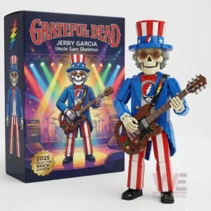 Brick built skeleton musician figure in patriotic attire holding a guitar displayed next to a collector edition box!