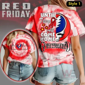 A tie dye tshirt showing a skull logo in red white and blue with strong supportive text and flowers!