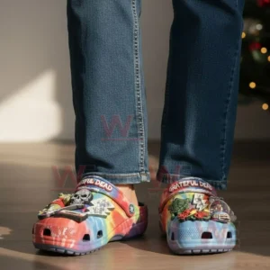 Greatful Dead Christmas Crocs Clogs with Charms 4 Colorful Grateful Dead Christmas clogs worn with jeans featuring multiple themed charms!