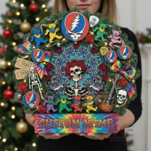 Christmas wreath with skeleton art dancing bears roses guitars musical icons and colorful decorations held by a person with a holiday tree in the background!