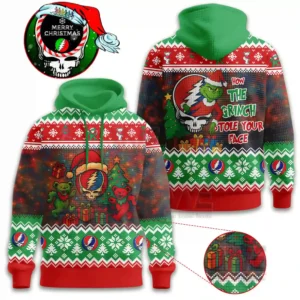 Christmas themed hoodie with skull artwork holiday characters and festive patterns shown from front and back!