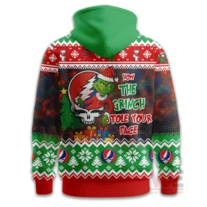 Greatful Dead How The Grinch Stole Your Face Waffle Hoodie 4 Back view of Christmas hoodie with character artwork festive text and holiday patterns!