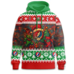 Greatful Dead How The Grinch Stole Your Face Waffle Hoodie 5 Front view of Christmas hoodie with holiday characters gifts and skull themed graphic!