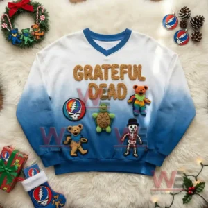 Grateful Dead themed v neck sweatshirt with crochet figures and blue gradient fabric displayed on a festive surface!