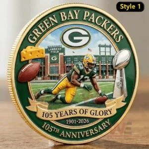 Green Bay Packers 105th anniversary coin with green gold border Lambeau Field background Packers G logo and a football player action scene.
