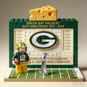 Brick football commemorative display with a green themed wall a player figure and a trophy standing on a field base!