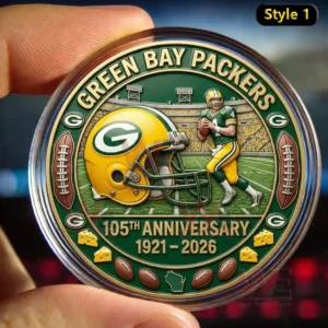 Green Bay Packers anniversary coin with helmet quarterback stadium and team colors shown in close up!