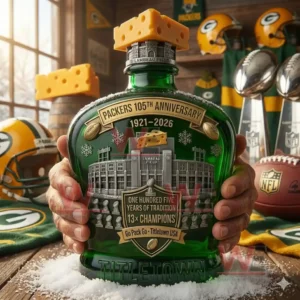 Green commemorative bottle with cheese topper and stadium design displayed indoors with football themed decor!