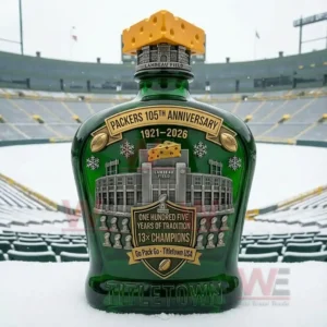 Green Bay Packers 105Th Anniversary Go Pack Go Whiskey Bottle 4 Green football anniversary bottle with cheese topper positioned on snow inside a stadium!