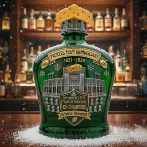 Green Bay Packers 105Th Anniversary Go Pack Go Whiskey Bottle 5 Green commemorative football bottle with cheese topper showcased on a bar counter with bottles in the background!