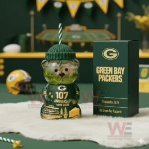Green Bay Packers 107th Anniversary 1919-2026 Bear Glass Cup 4 Bear shaped glass cup with Green Bay Packers theme shown with football decorations!