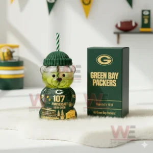 Green Bay Packers 107th Anniversary 1919-2026 Bear Glass Cup 5 Green Bay Packers bear shaped glass cup displayed with a green box in a modern setting!