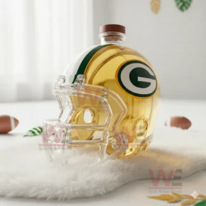 Green Bay Packers helmet shaped bottle on white fur in a bright minimal room!