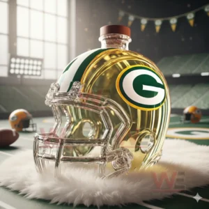 Helmet shaped Packers bottle on white fur with stadium background!