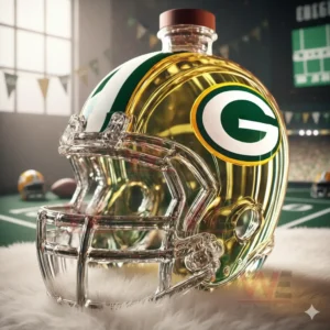 Close view of Packers helmet shaped bottle on white fur with arena setting behind it!