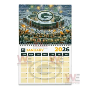 Snowy Lambeau Field with fireworks and cheering Packers fans celebrating the new year!